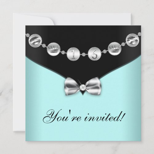 Teal and Silver Bowed Charm Sweet Sixteen Invite