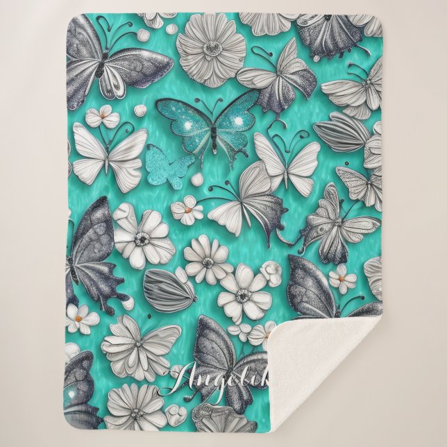 Teal and Silver Butterflies Personalized Name Sherpa Blanket (Front)