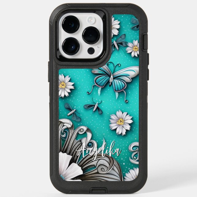 Teal and Silver Butterfly Personalized Name Otterbox iPhone Case (Back)