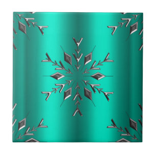 Teal and Silver Christmas Star Ceramic Tile
