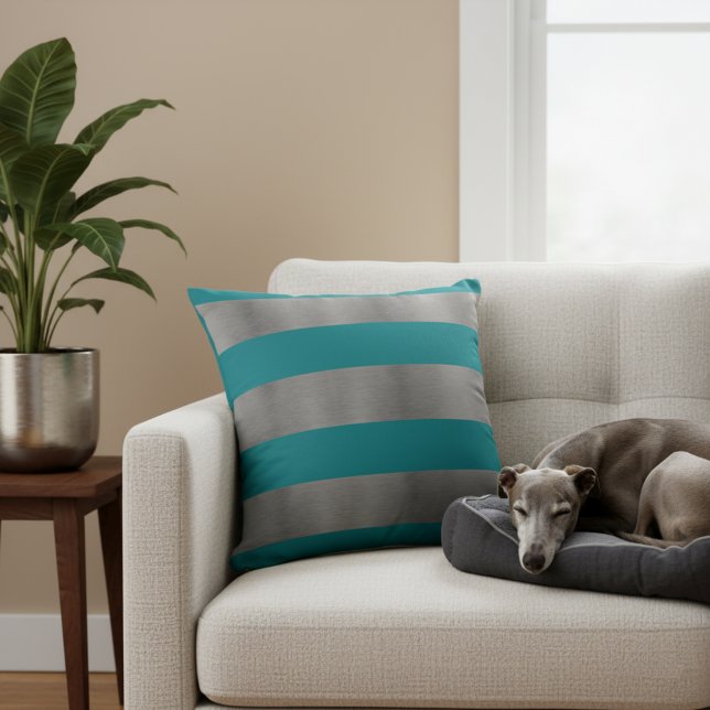 Teal and Silver Couch Pillow (Stylish metallic silver gray and teal striped accent pillow.)