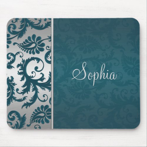 Teal and Silver Damask Mousepad