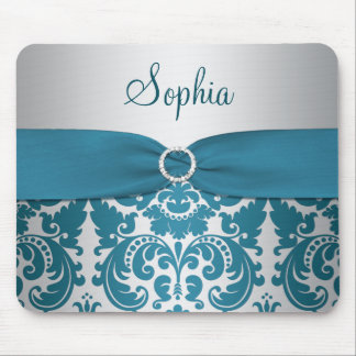Teal and Silver Damask Mousepad