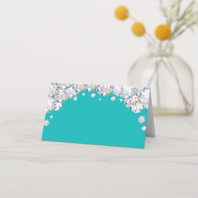 Teal and Silver Diamond Glitter Food Label Place Card (Front)