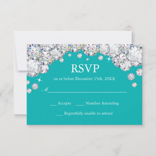 Teal and Silver Diamond Glitter RSVP Card (Front)