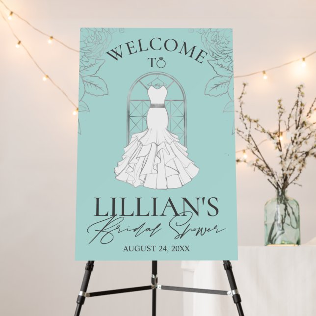 Teal and Silver Dress Bridal Shower Welcome Sign (In Situ (Stand))