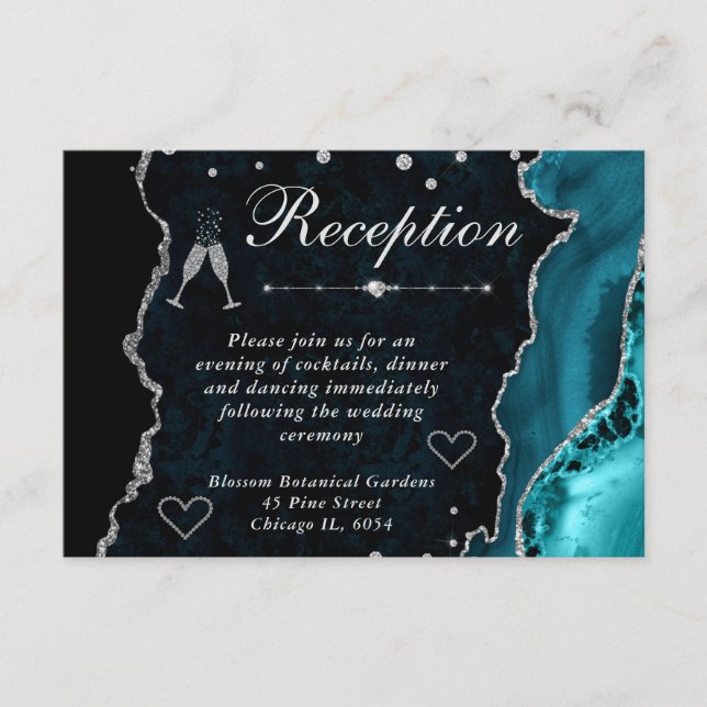 Teal and Silver Faux Glitter Agate Reception Enclosure Card (Front)