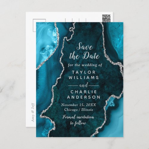 Teal and Silver Faux Glitter Agate Save The Date Postcard