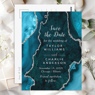 Teal and Silver Faux Glitter Agate Save The Date Postcard