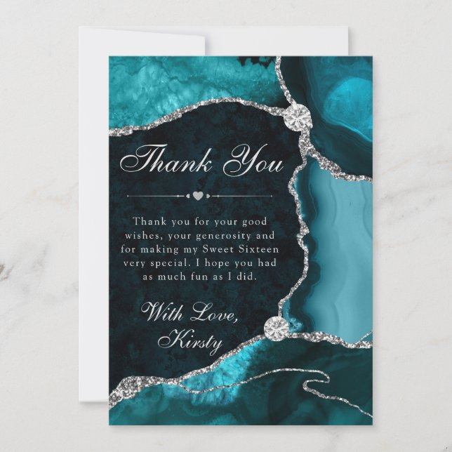 Teal and Silver Faux Glitter Agate Sweet 16 Thank You Card (Front)