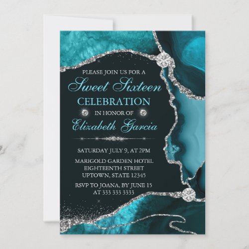 Teal and Silver Faux Glitter Agate Sweet Sixteen Invitation