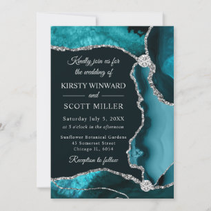 Teal and Silver Faux Glitter Agate Wedding Invitation