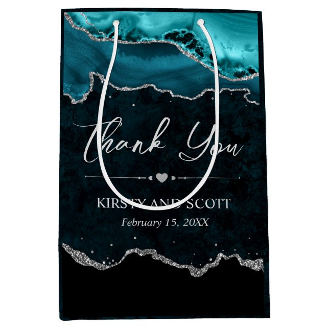 Teal and Silver Faux Glitter Agate Wedding Medium Gift Bag (Front)