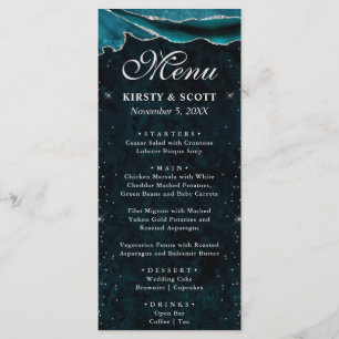 Teal and Silver Faux Glitter Agate Wedding Menu