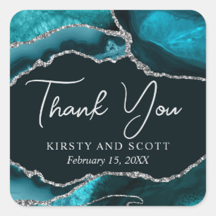 Teal and Silver Faux Glitter Agate Wedding Square Sticker