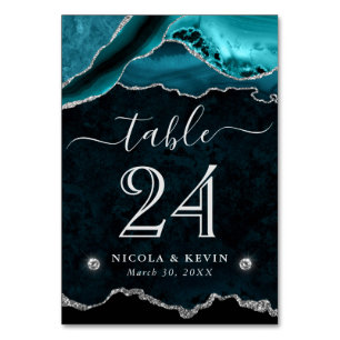 Teal and Silver Faux Glitter Agate Wedding Table Number