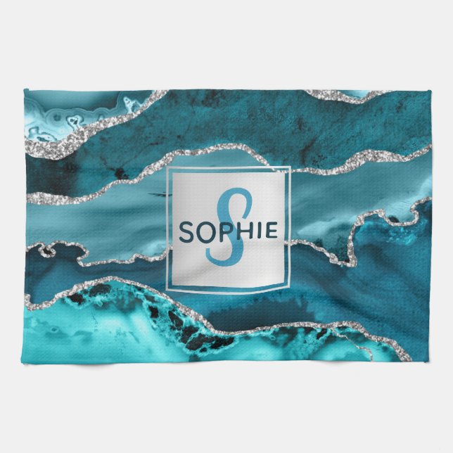 Teal and Silver Faux Glitter Marble Agate Monogram Kitchen Towel (Horizontal)