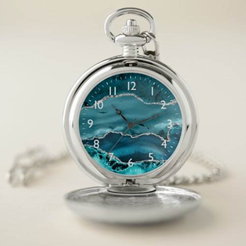 Teal and Silver Faux Glitter Marble Agate  Pocket Watch