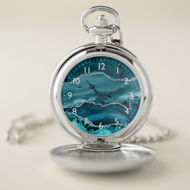 Teal and Silver Faux Glitter Marble Agate  Pocket Watch (Inside)