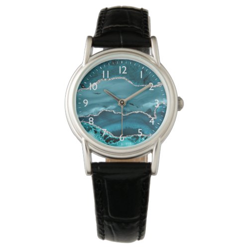 Teal and Silver Faux Glitter Marble Agate Watch