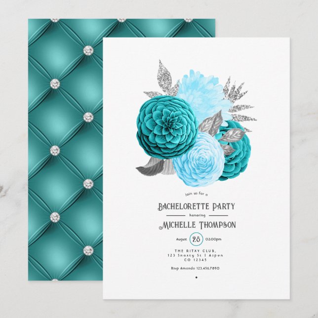 Teal and Silver Floral Bachelorette Party Invitation (Front/Back)