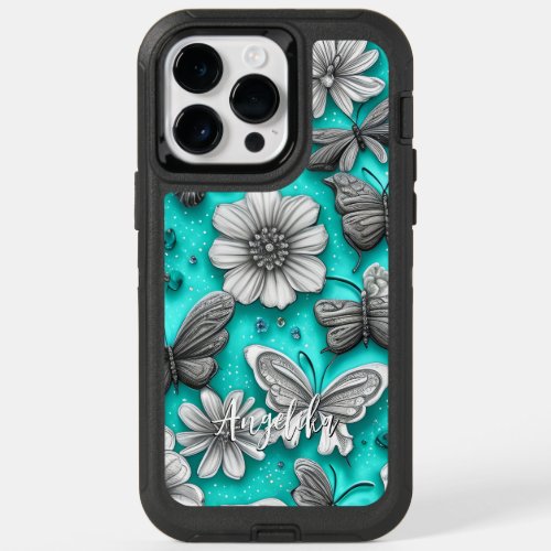 Teal and Silver Floral Butterflies Custom Name OtterBox iPhone 14 Pro Max Case