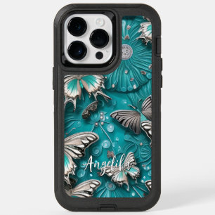 Teal and Silver Floral Butterfly Custom Name OtterBox iPhone 14 Pro Max Case