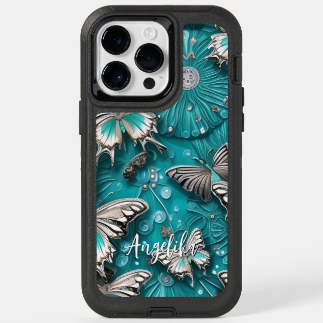 Teal and Silver Floral Butterfly Custom Name Otterbox iPhone Case (Back)