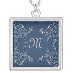 Teal and Silver Floral Monogram Necklace