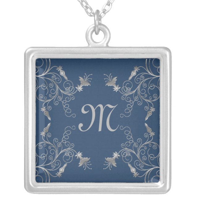 Teal and Silver Floral Monogram Necklace (Front)