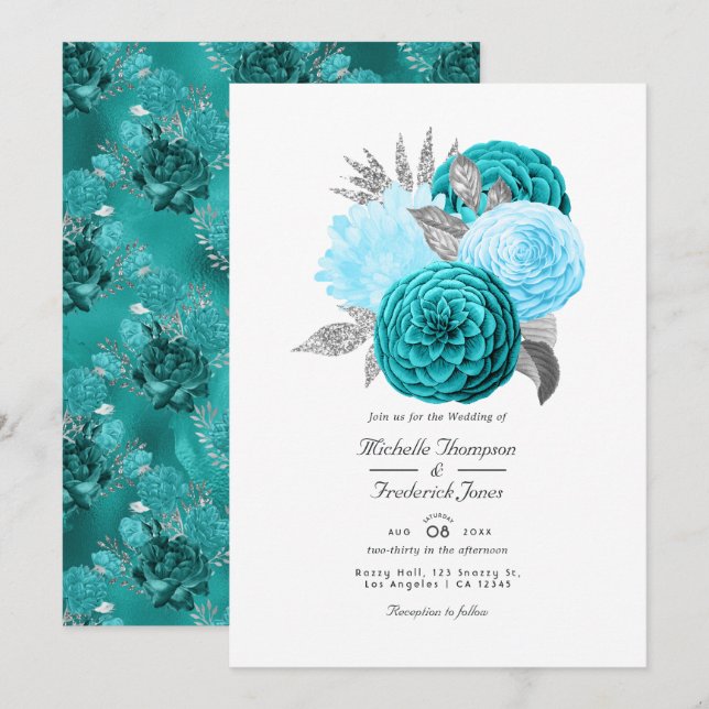 Teal and Silver Floral Wedding Invitation (Front/Back)