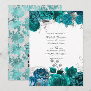 Teal and Silver Floral Wedding QR Code Rsvp Invitation
