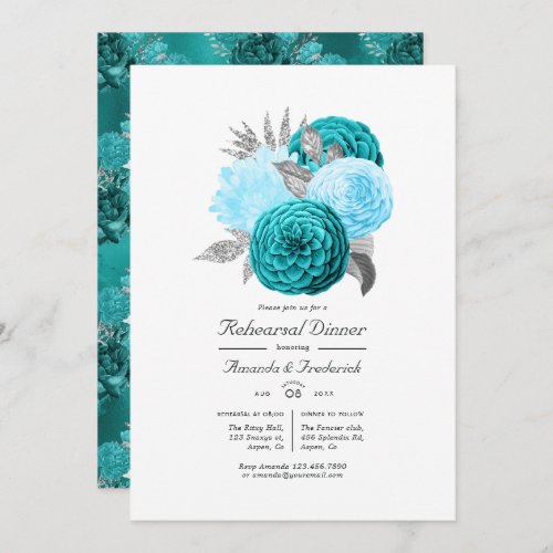 Teal and Silver Floral Wedding Rehearsal Dinner Invitation