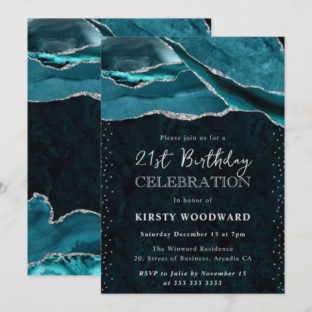 Teal  and Silver Glitter Agate 21st Birthday Invitation (Front/Back)