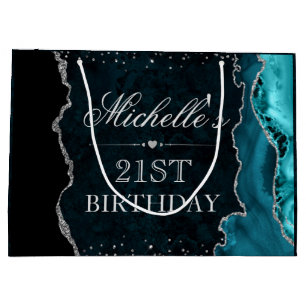 Teal and Silver Glitter Agate Birthday Large Gift Bag