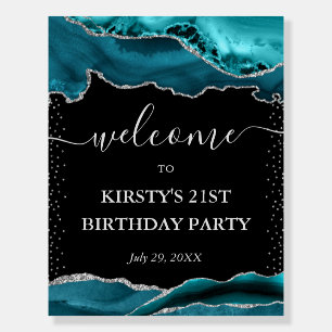 Teal and Silver Glitter Agate Birthday Party Foam Board