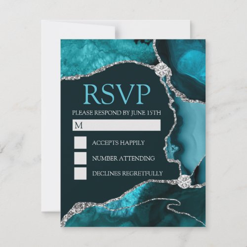 Teal and Silver Glitter Agate Birthday Party RSVP Card