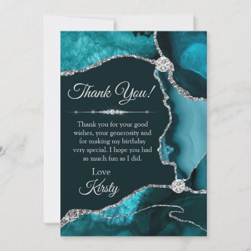 Teal and Silver Glitter Agate Birthday Thank You Card