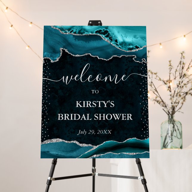 Teal and Silver Glitter Agate Bridal Shower Foam Board (In Situ (Stand))