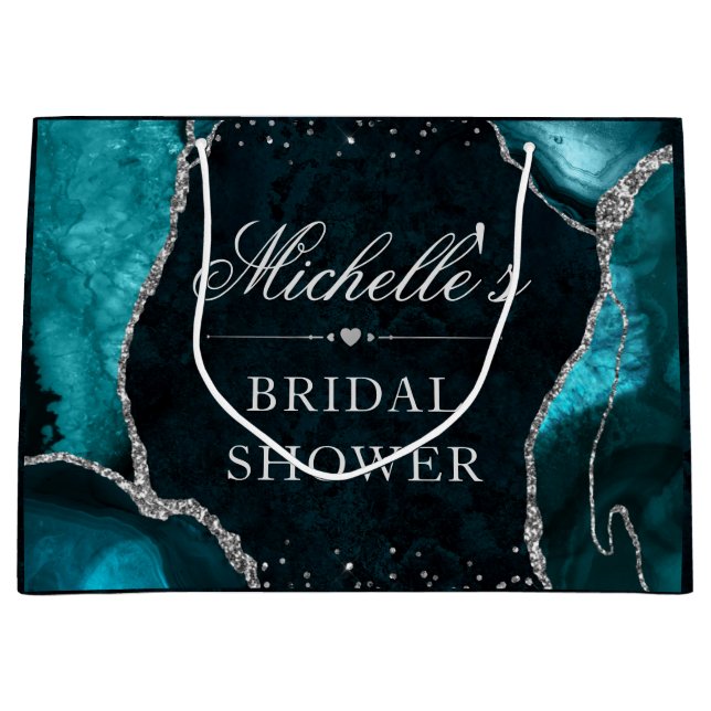 Teal and Silver Glitter Agate Bridal Shower Large Gift Bag (Front)
