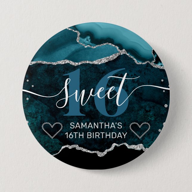 Teal and Silver Glitter Agate Marble Sweet 16 Button (Front)