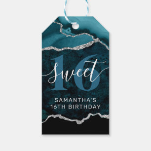 Teal and Silver Glitter Agate Marble Sweet 16 Gift Tags