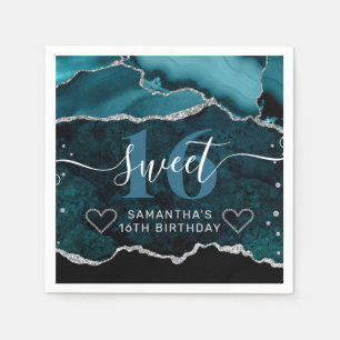 Teal and Silver Glitter Agate Marble Sweet 16 Napkins