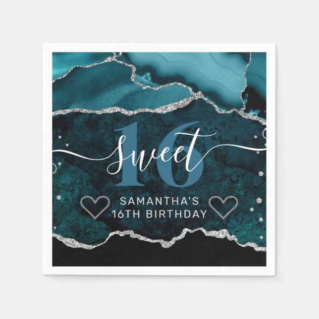 Teal and Silver Glitter Agate Marble Sweet 16 Napkins (Front)