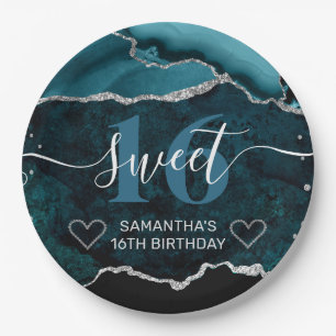 Teal and Silver Glitter Agate Marble Sweet 16 Paper Plates