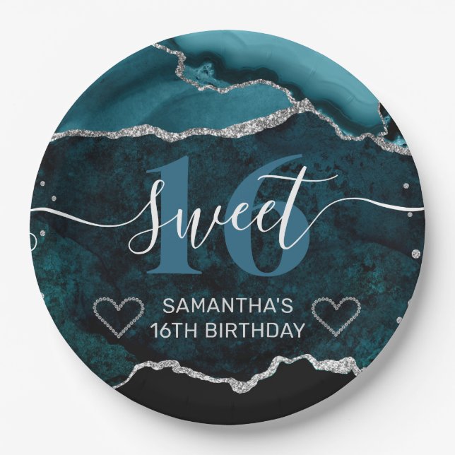 Teal and Silver Glitter Agate Marble Sweet 16 Paper Plates (Front)