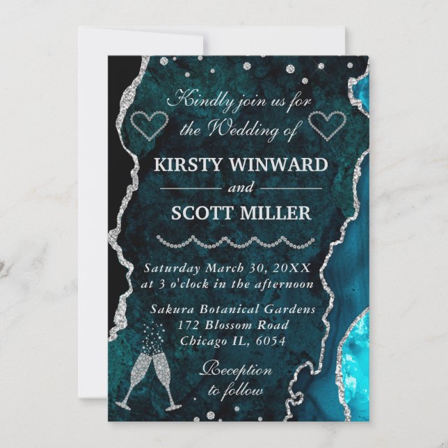 Teal and Silver Glitter Agate Marble Wedding Invitation (Front)