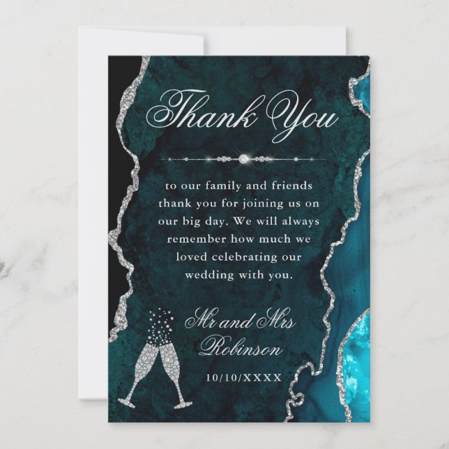 Teal and Silver Glitter Agate & Marble Wedding Thank You Card (Front)