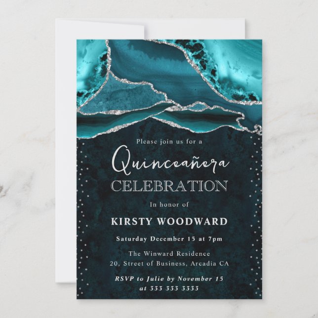 Teal and Silver Glitter Agate Quinceanera Invitation (Front)