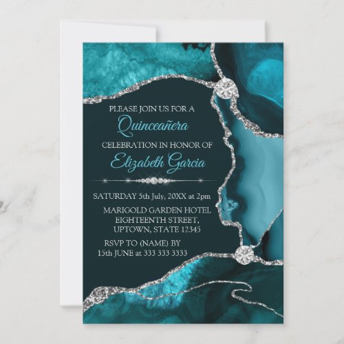 Teal and Silver Glitter Agate Quinceanera Invitation